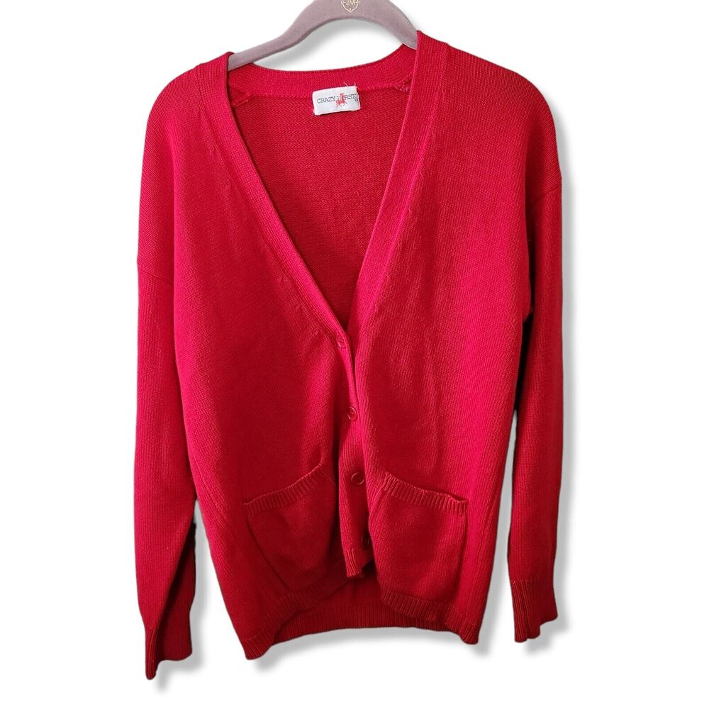 Vintage 80s 90s Grandpa CARDIGAN SWEATER Red Pockets Large button v neck S M